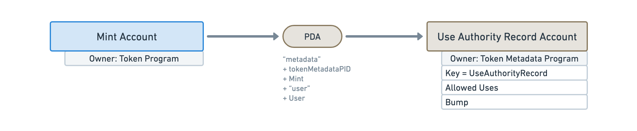 Diagram showing a Use Authority Record Account derived from a Mint Account with a list of data fields under the Use Authority Record Account that is listed on the fields table below.